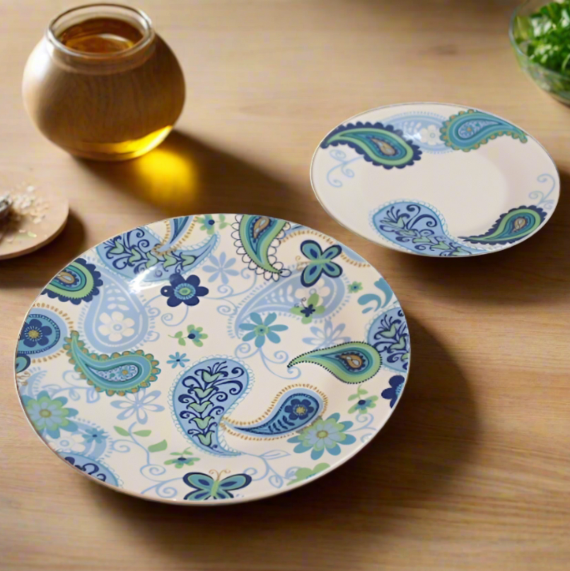 15 pc Dinner Plates with Blue and Green Paisley Design