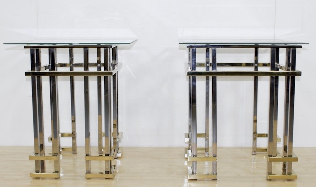 Regency Chrome Brass and Glass Side Tables | Pair