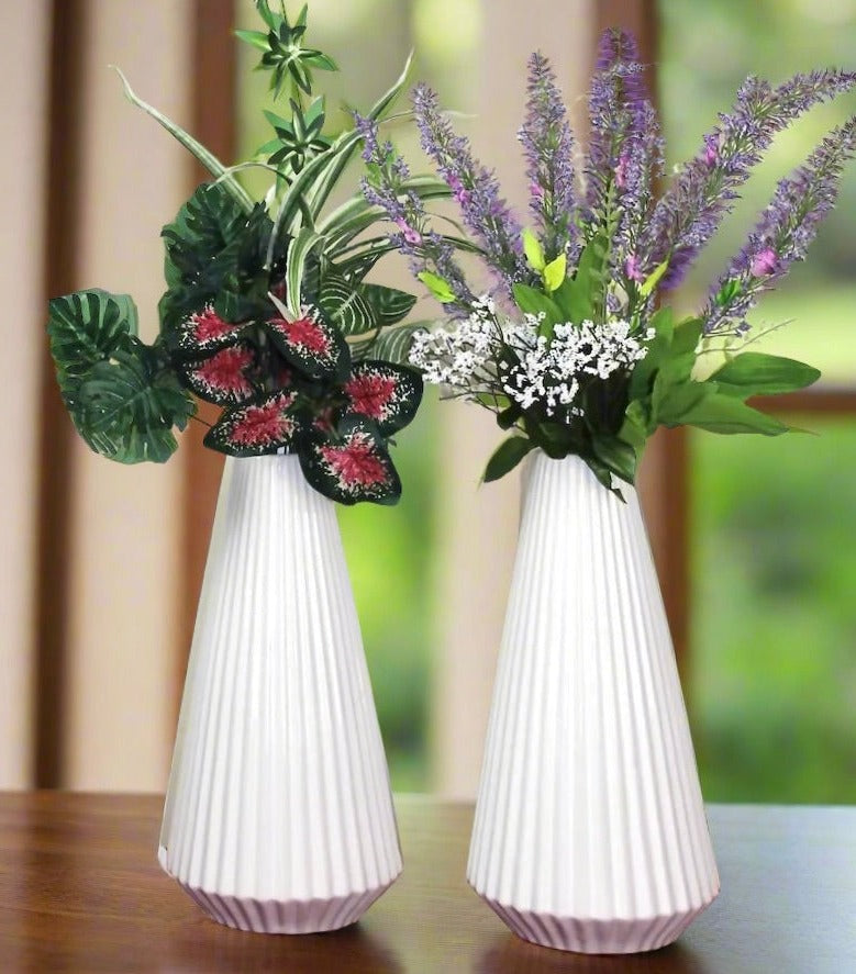 White Ceramic Ribbed Cone Vases