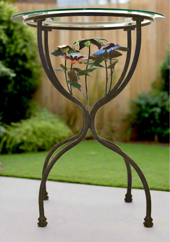 Metal Floral Glass Top Accent Table