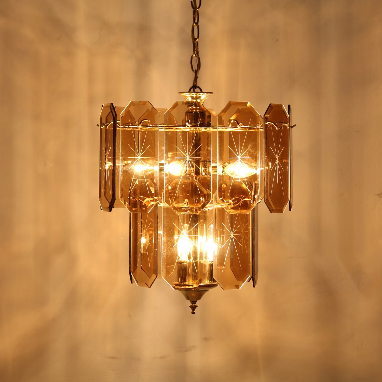 1970's Smoke Beveled Glass and Brass Chandelier