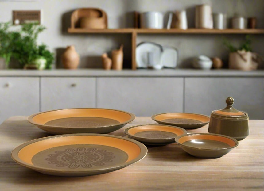 Olive Green and Terra-Cotta Orange Stoneware Plate Set