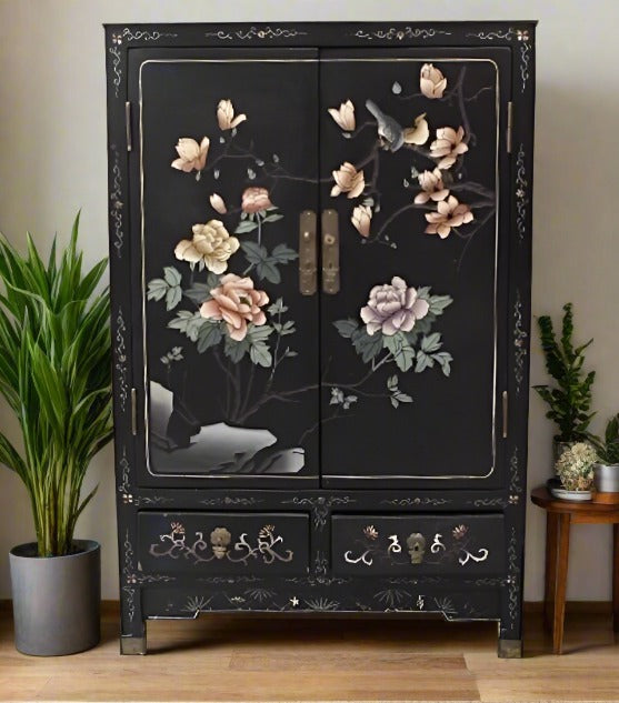  Vintage Asian Chinoiserie Black Lacquer Cabinet.