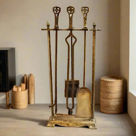Cast Iron & Steel w/ Brass Finish Fireplace Tool Set | 5-piece set