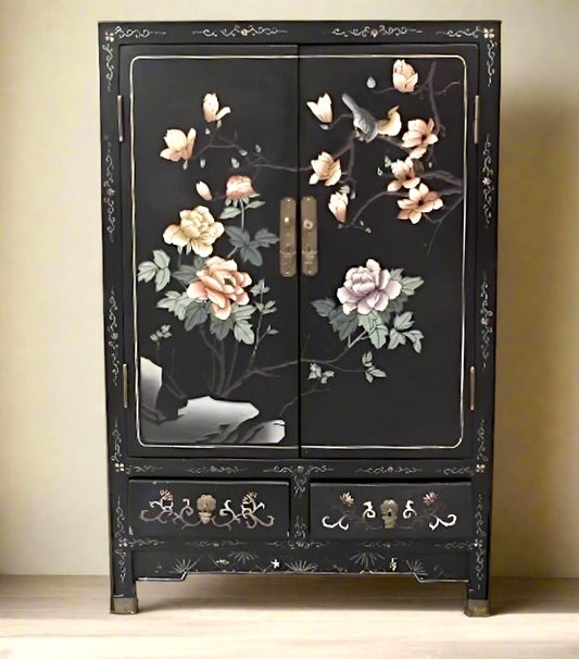 Vintage Asian Chinoiserie Black Lacquer Cabinet.