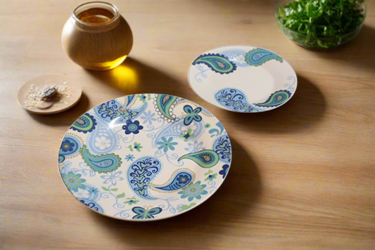 15 pc Dinner Plates with Blue and Green Paisley Design