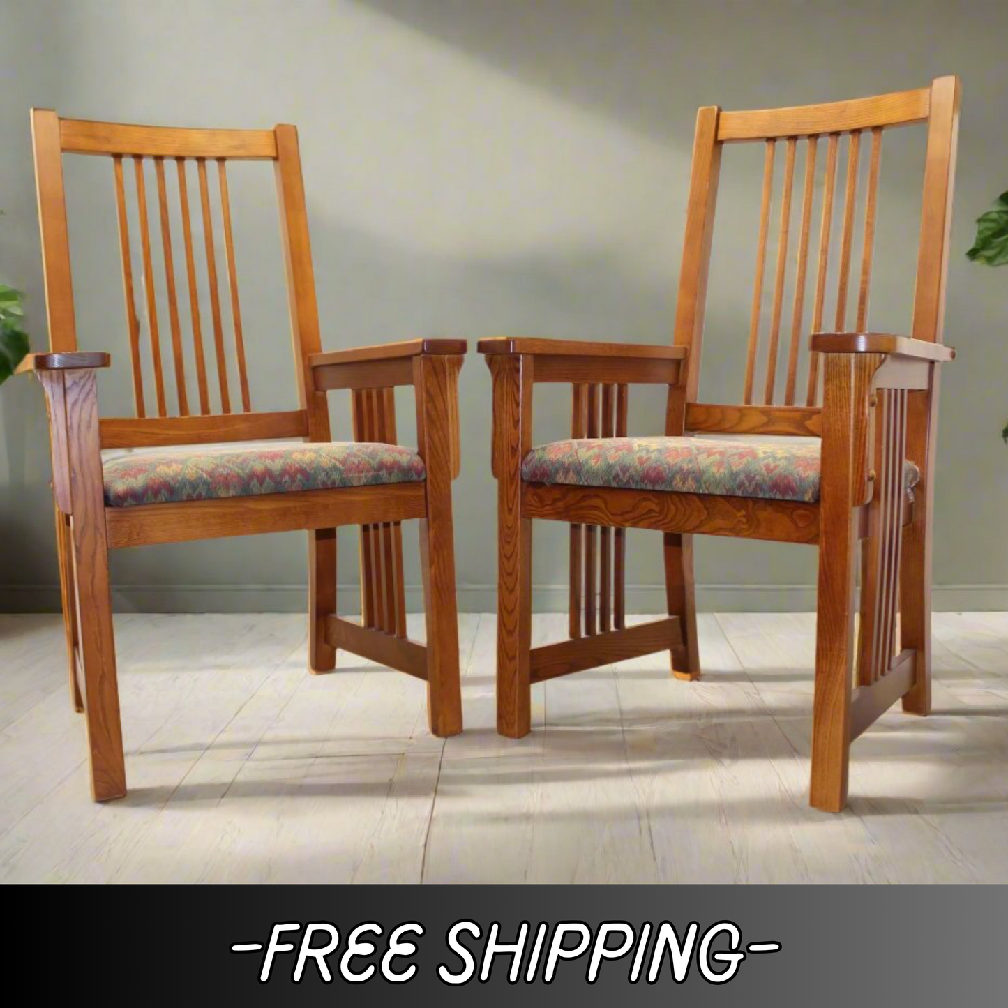 Pair Red Oak Mission Style Dining Armchairs by Bassett Furniture