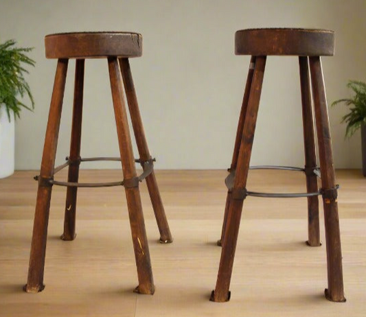 Pair Mid-Century Brutalist Barstools | Spanish Leather, Wood, and Iron