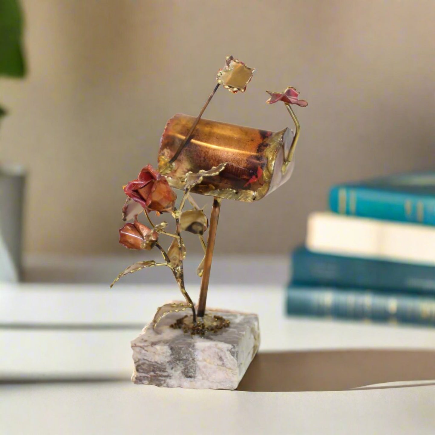 Roses & Mailbox on Marble |Brass & Copper Handmade Sculpture