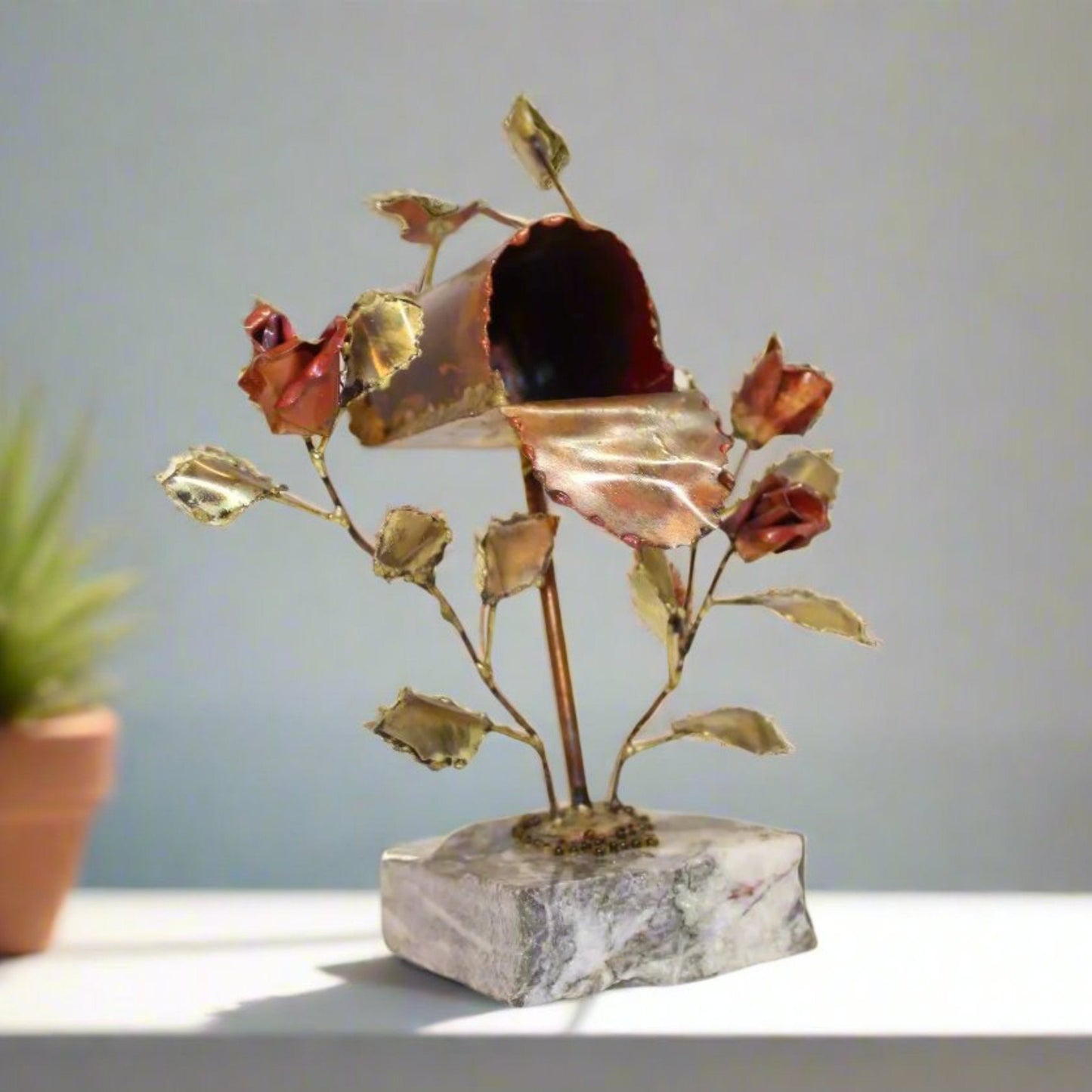 Roses & Mailbox on Marble |Brass & Copper Handmade Sculpture