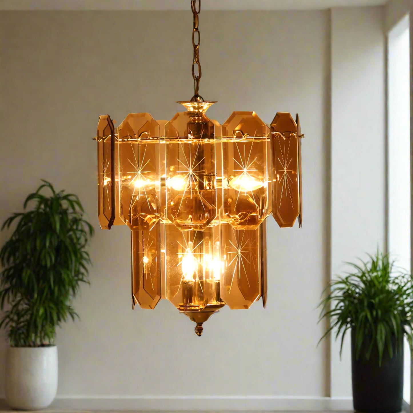 1970's Smoke Beveled Glass and Brass Chandelier