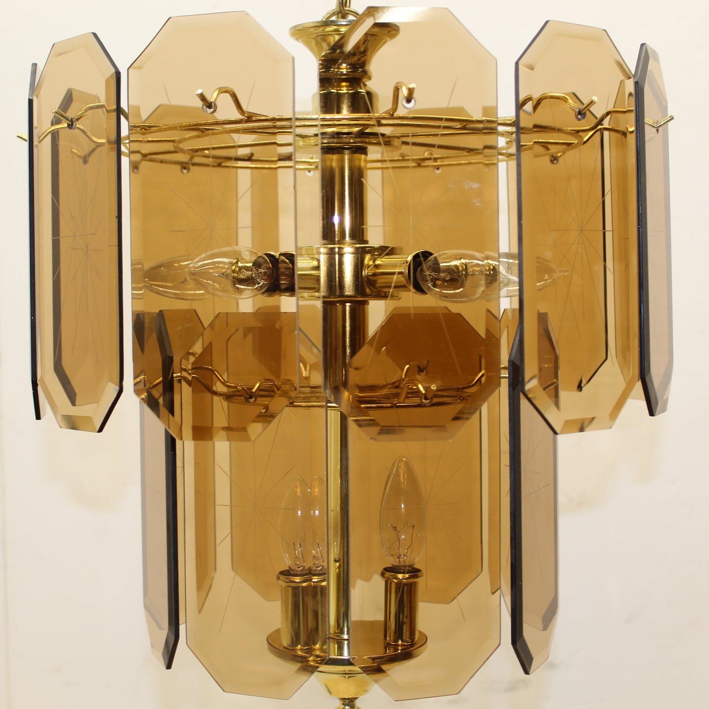 1970's Smoke Beveled Glass and Brass Chandelier