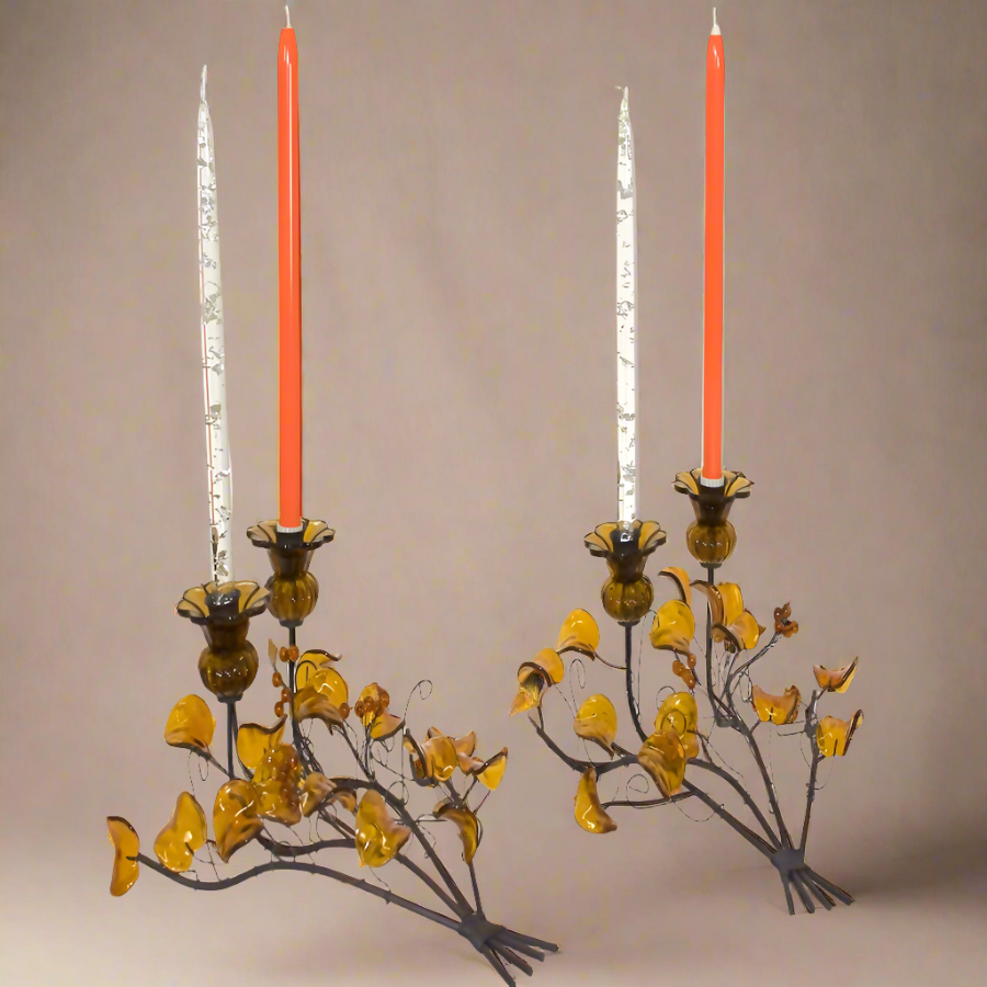 PAIR Amber Flower Branch Double Candleholder | Centerpiece