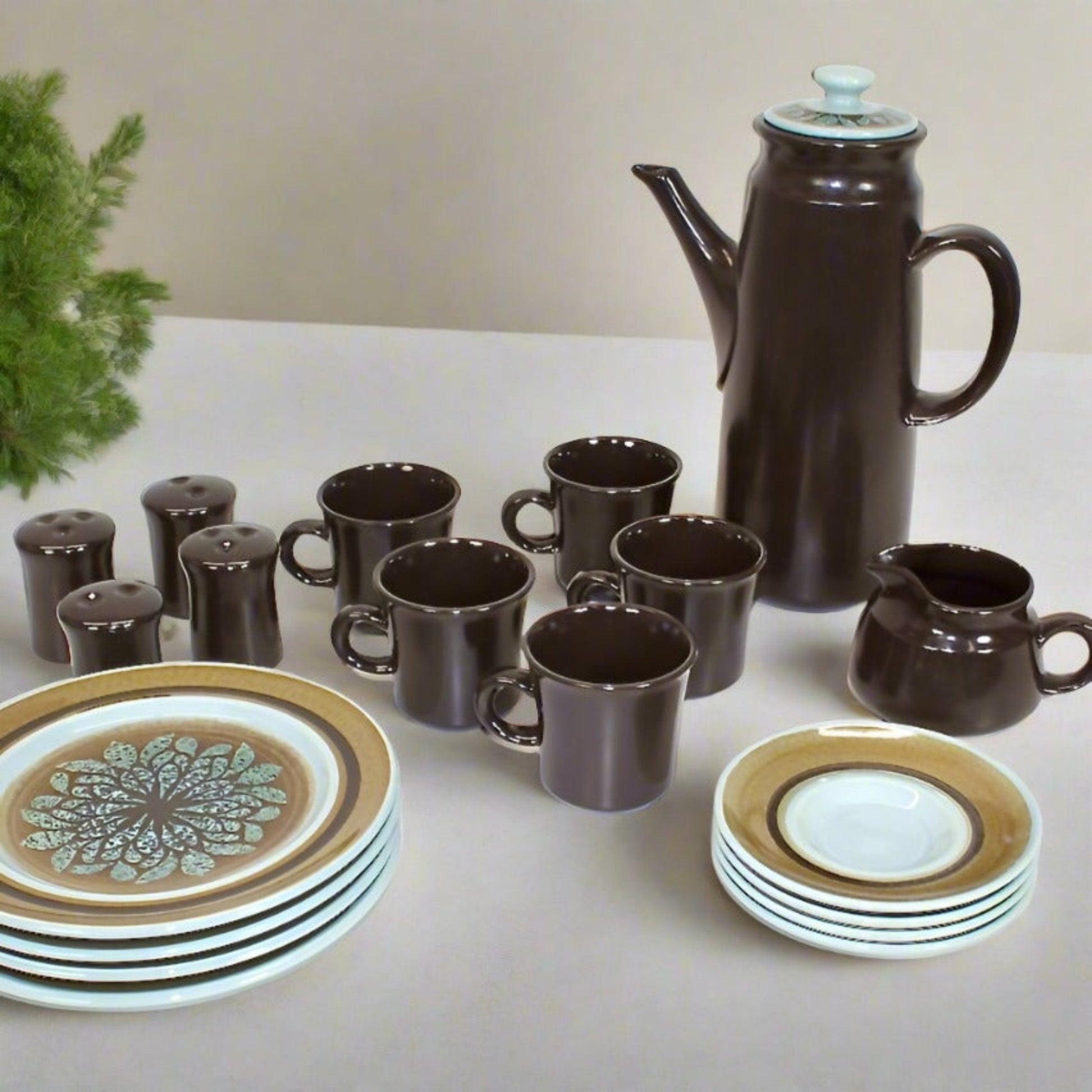 Brown Franciscan Stoneware plates and saucers, coffee cups, creamer salt and pepper shakers and large pitcher. 