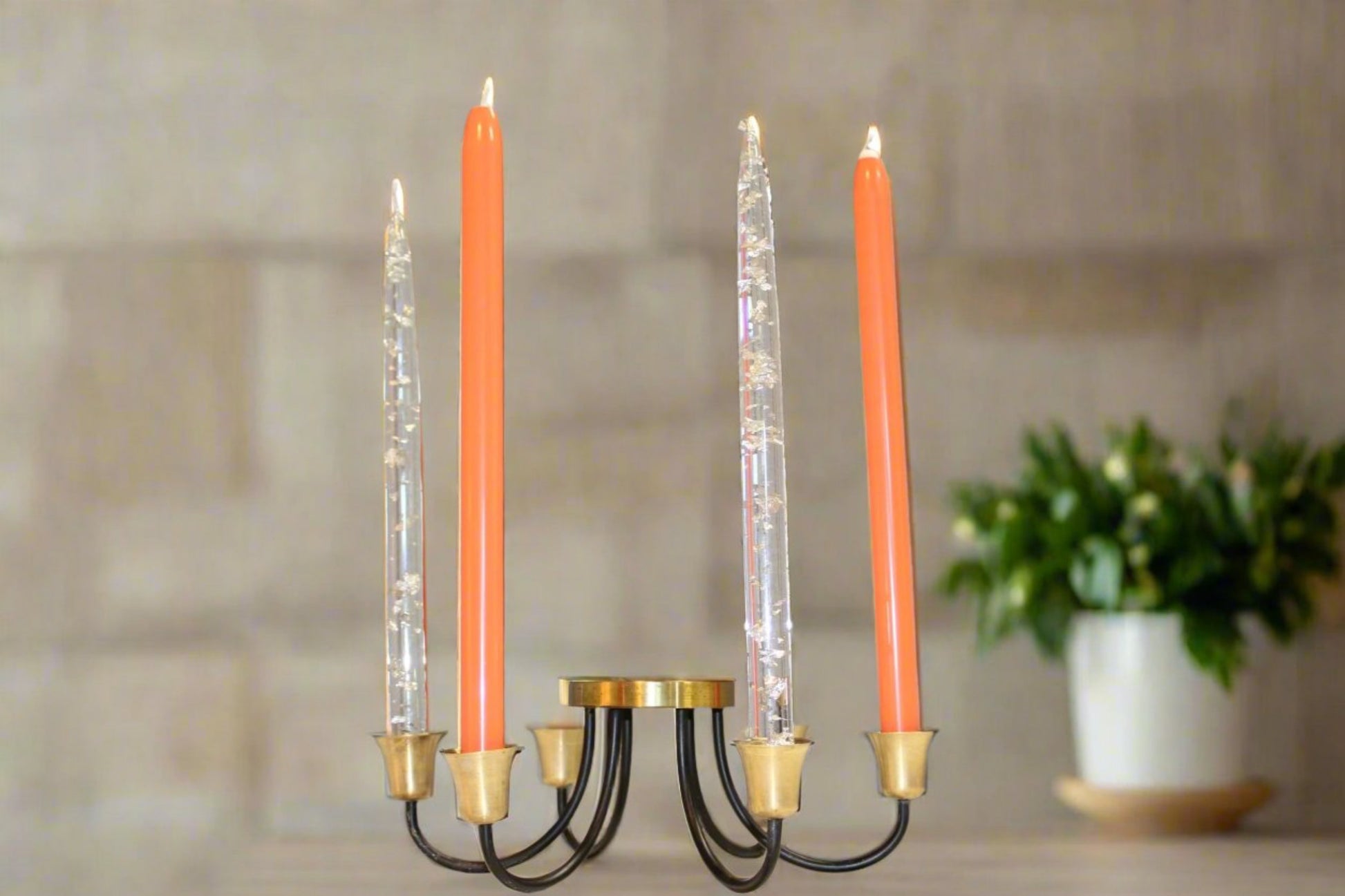 6-Arm Danish Brass and Wrought Iron Candle Holder