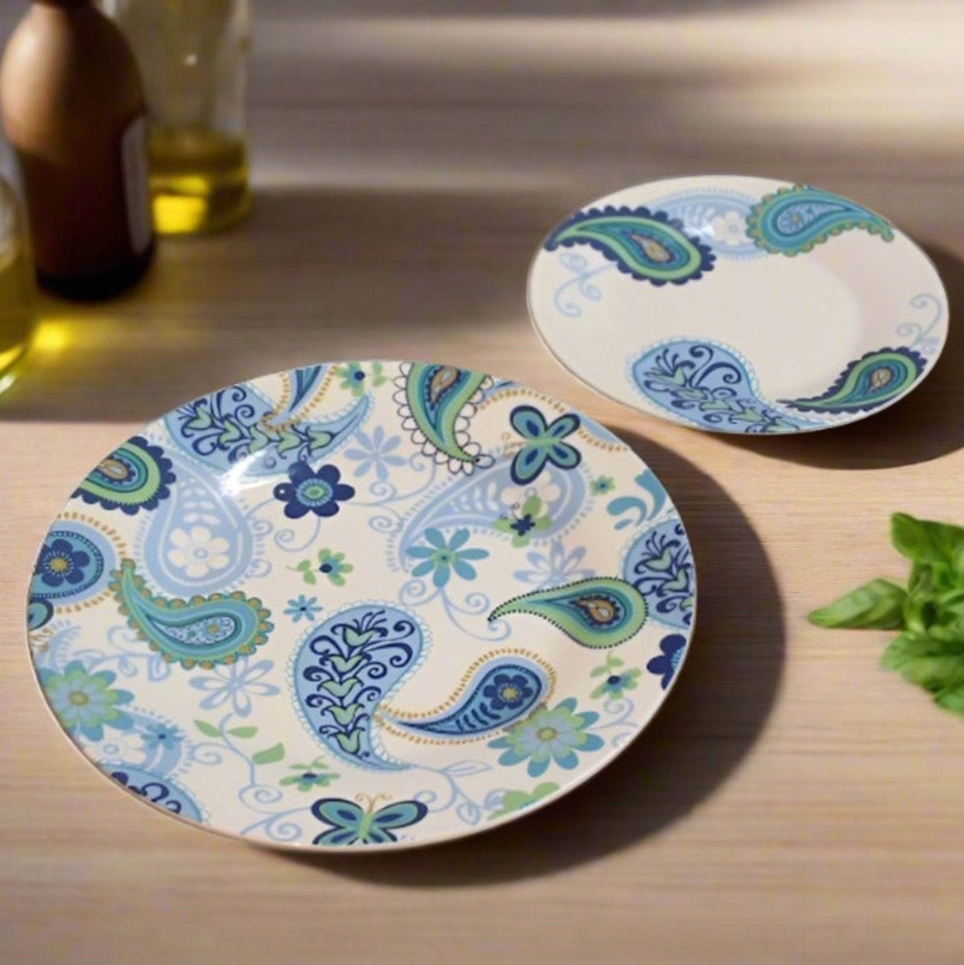 15 pc Dinner Plates with Blue and Green Paisley Design