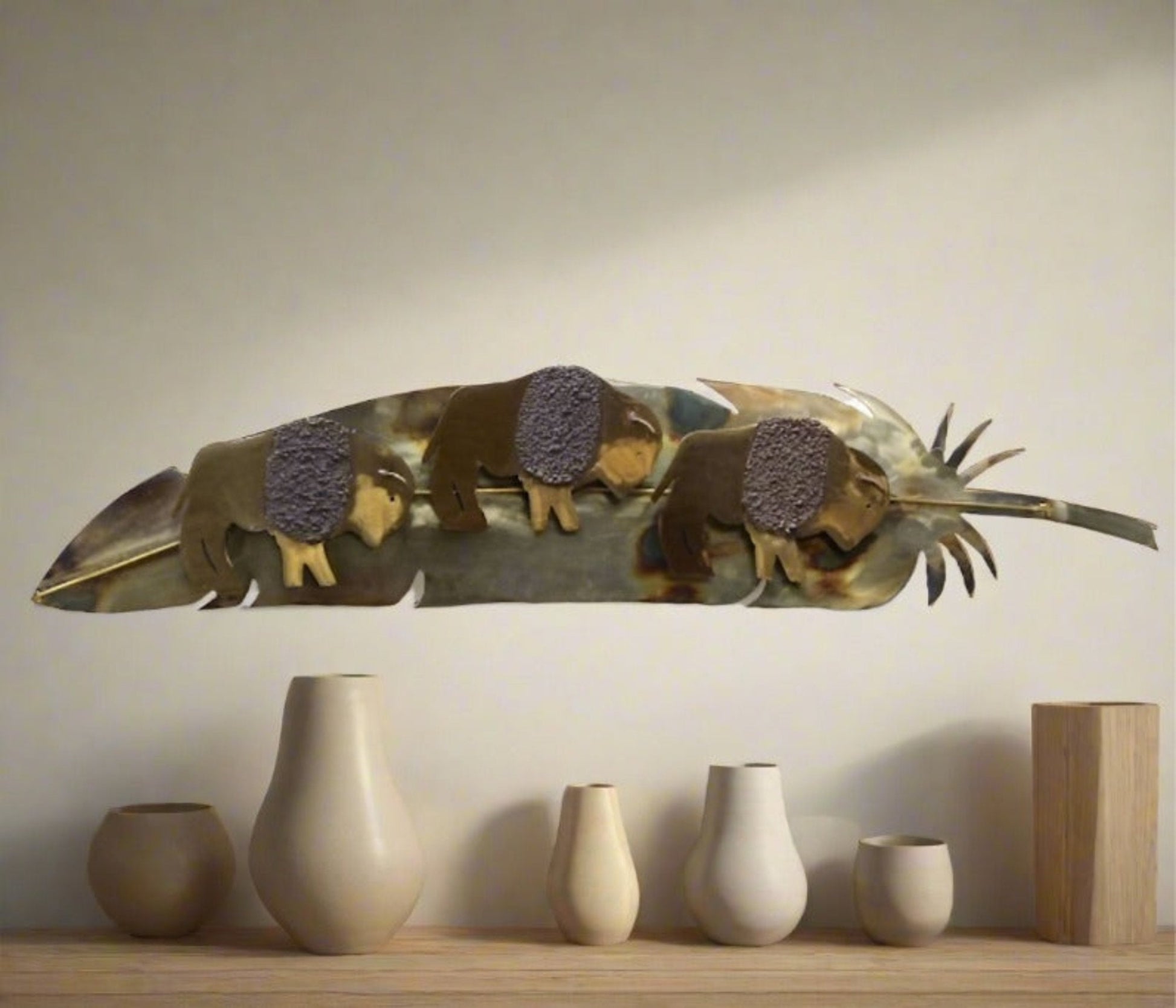 Hand-made Metal Wall Art of American Bison on a large Metal Feather