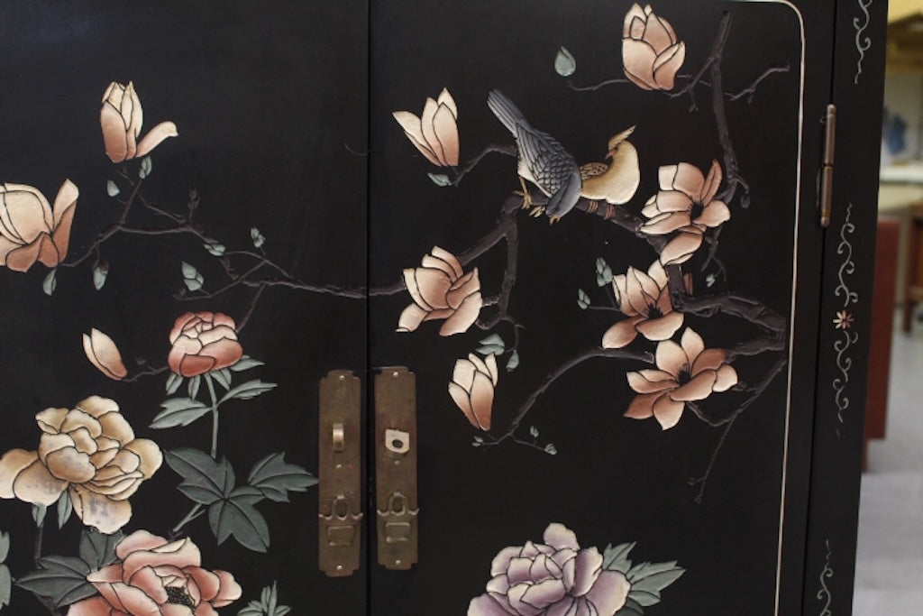 Vintage Asian Chinoiserie Black Lacquer Cabinet.