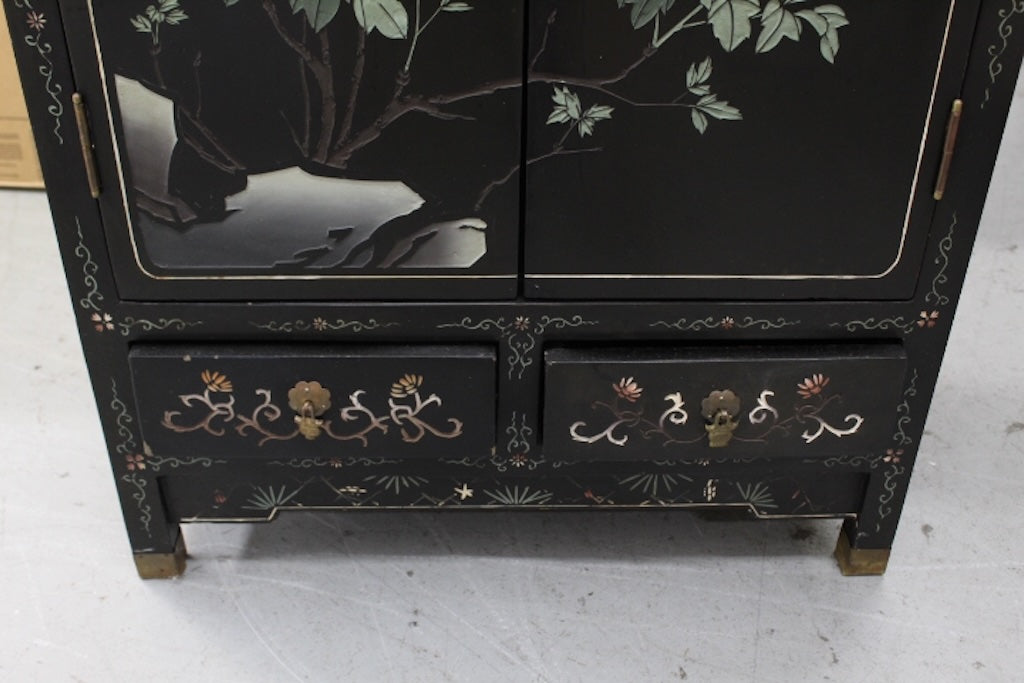 Vintage Asian Chinoiserie Black Lacquer Cabinet.