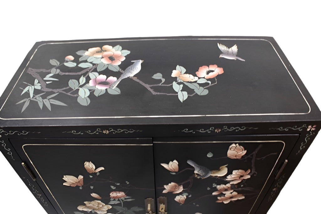 Vintage Asian Chinoiserie Black Lacquer Cabinet.