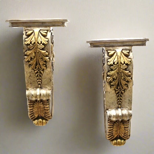 Pair Large Ornate Acanthus Gold Corbel Wall Shelves