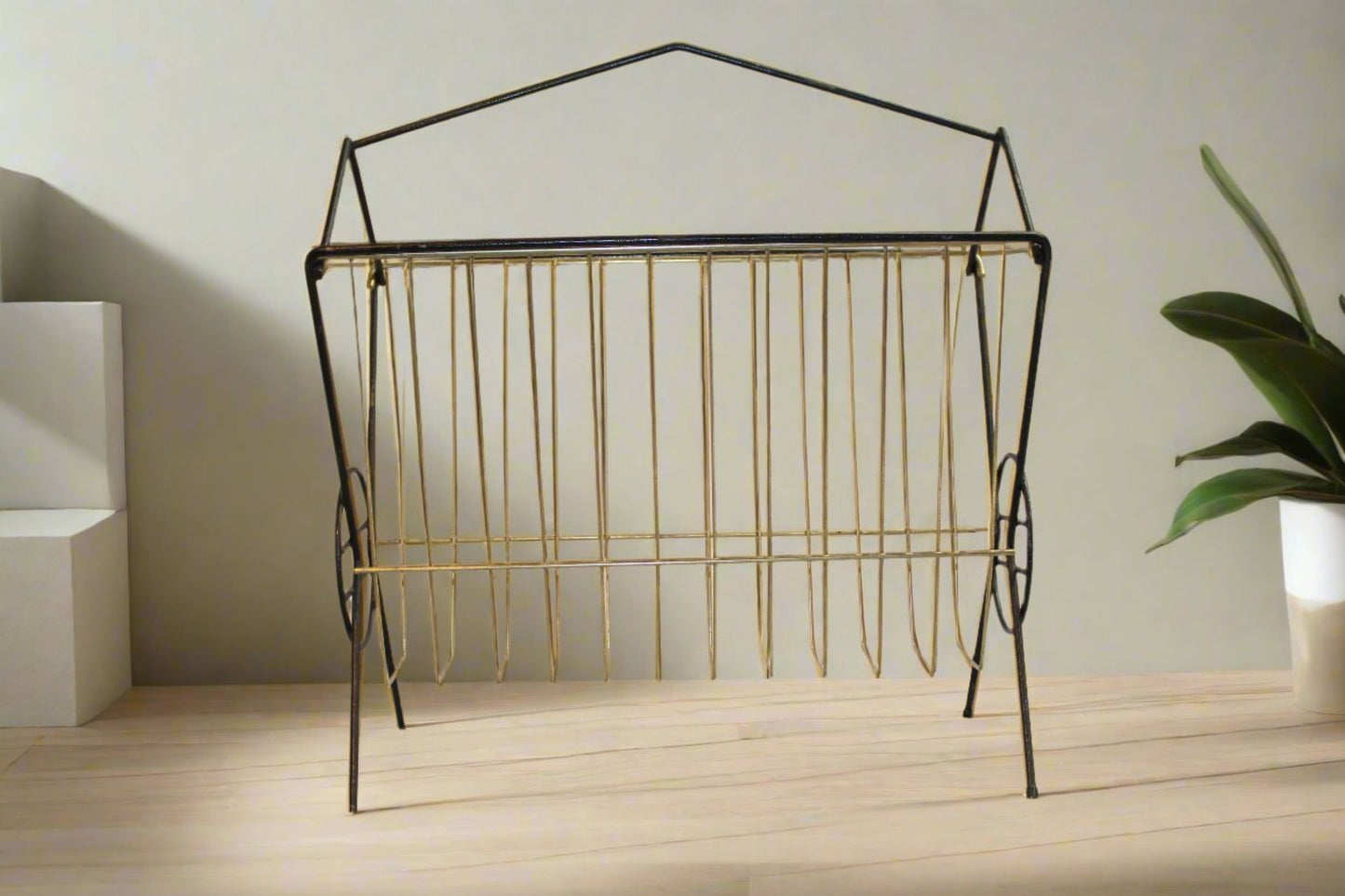 MCM Black & Brass Wire Magazine Rack