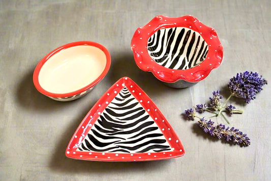 3-Pc Cali USA 1960s Studio Pottery Zebra Trinket Bowls