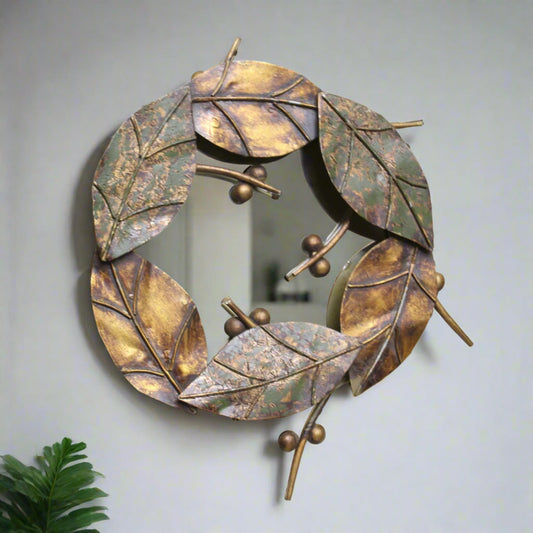 Vintage Round Glided Metal Leaf Framed Mirror