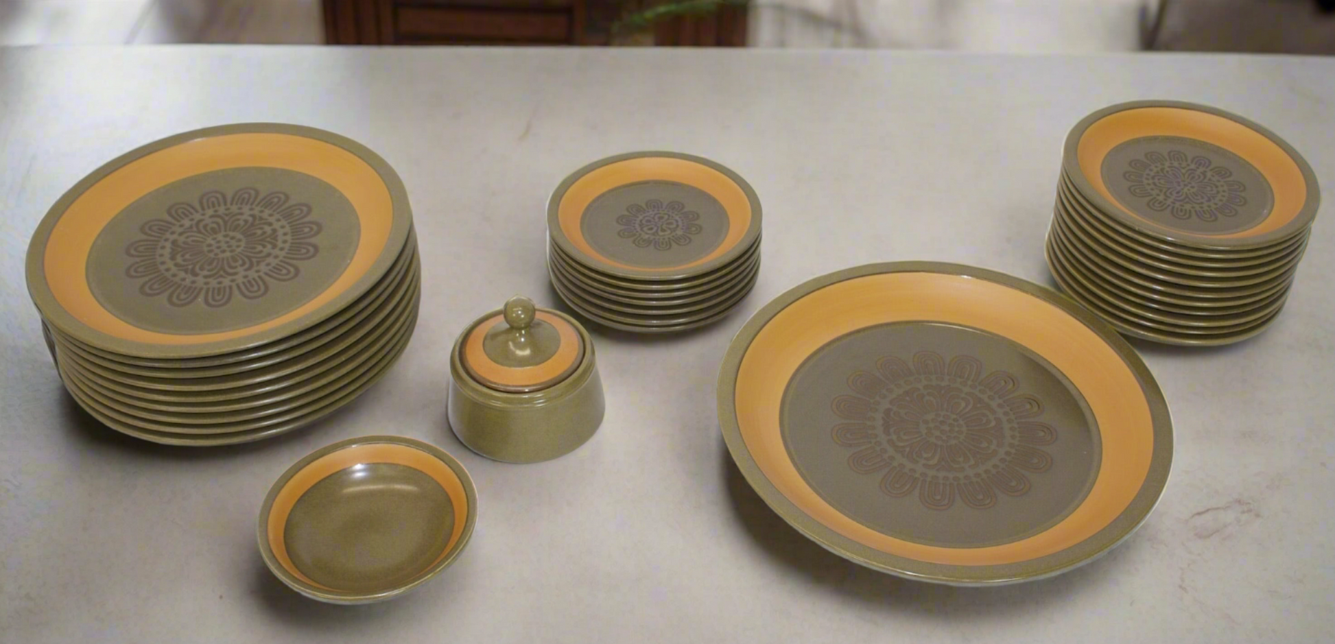 31 pc Stoneware Plates with a sunflower design