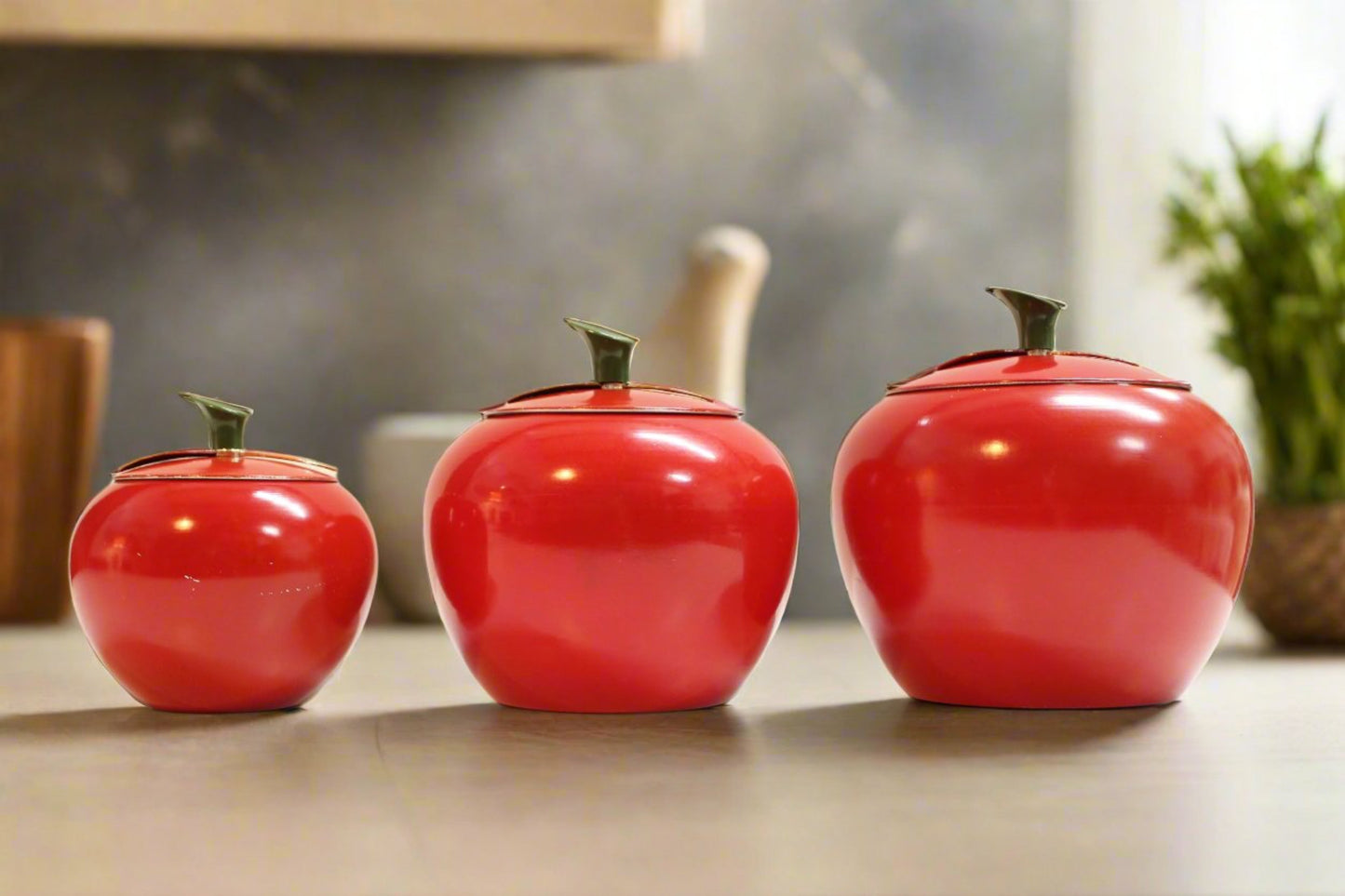 Vintage 1960s Apple Shaped Aluminum Canister Set