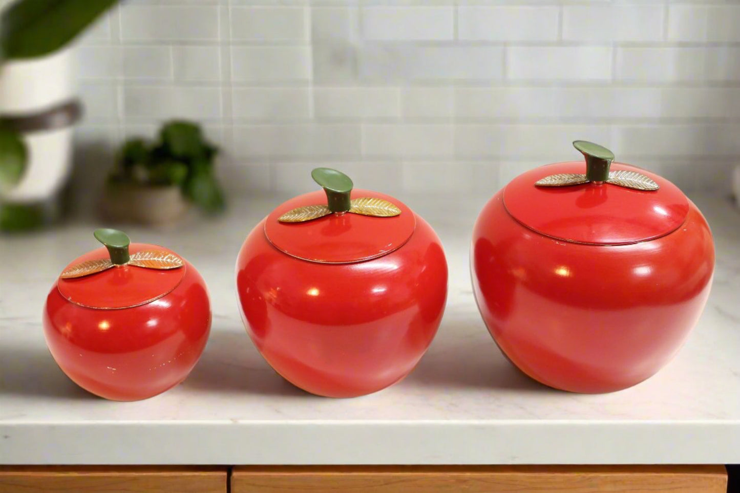 Vintage 1960s Apple Shaped Aluminum Canister Set