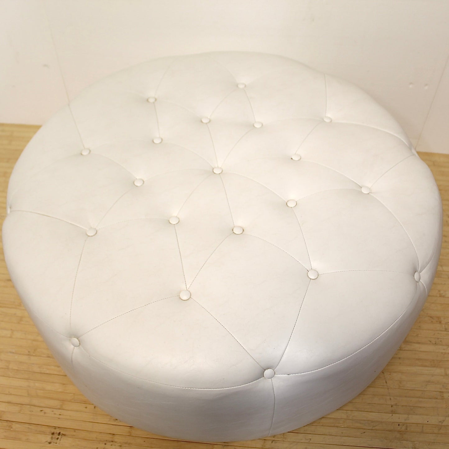 Modern Diamond Tufted Round White Leather Ottoman