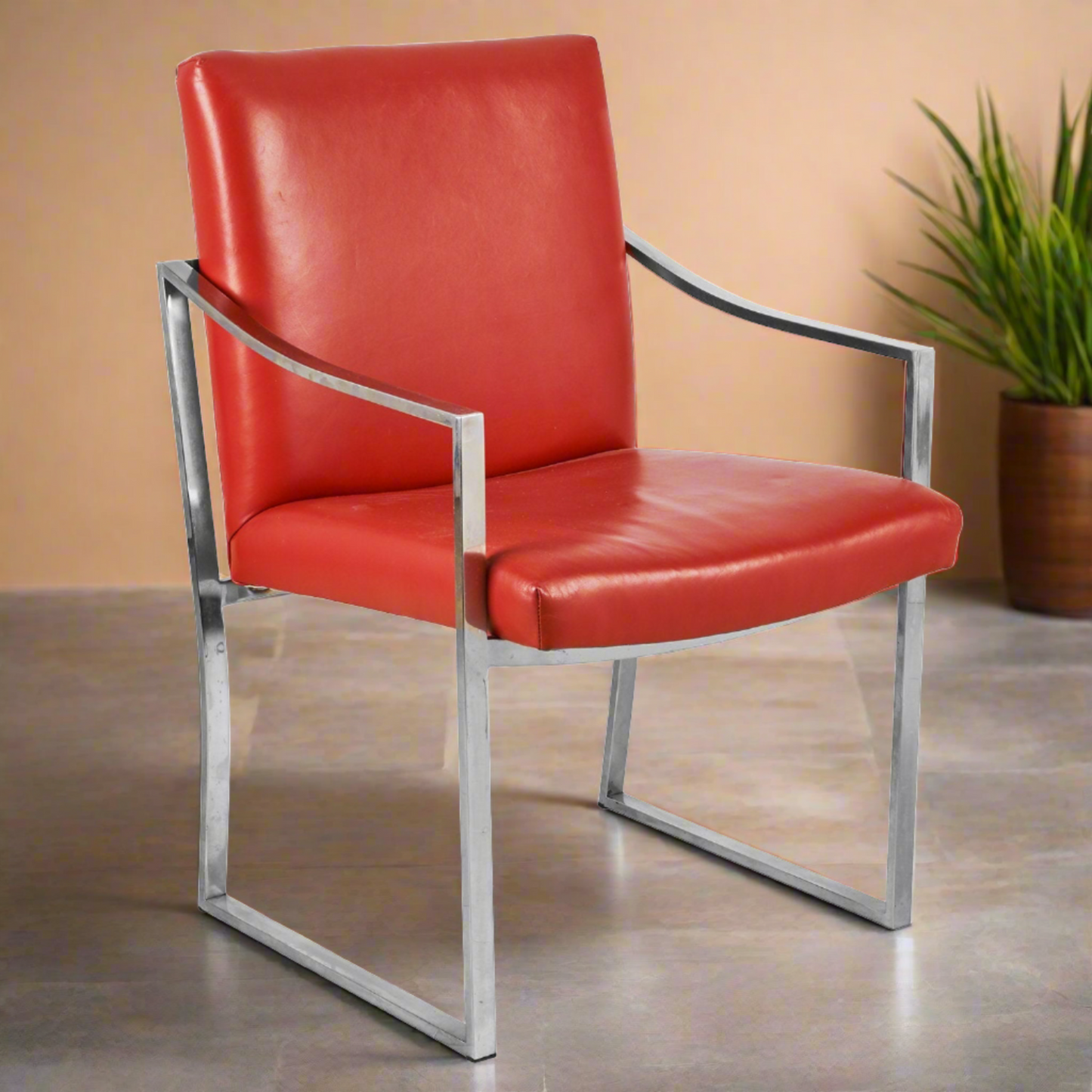 Red Chrome Armchairs Bert England | Pair