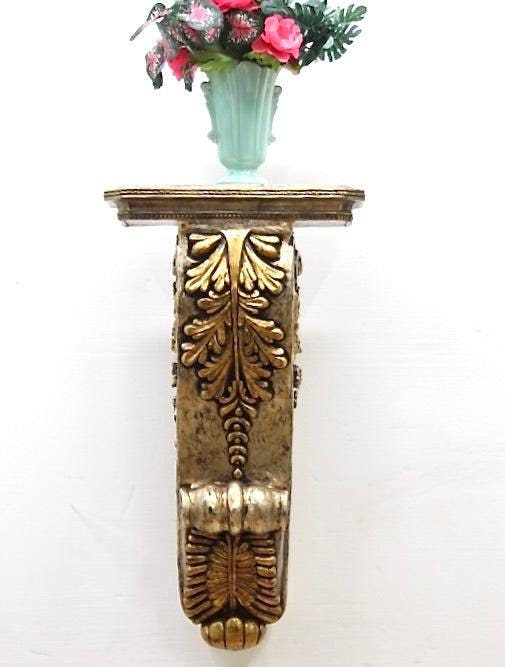 Pair Large Ornate Acanthus Gold Corbel Wall Shelves - OffCenterModern