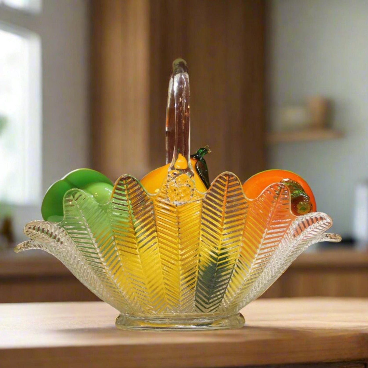 Clear Glass Fruit Basket & Colored Glass Fruit.