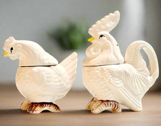 1950s Ceramic Rooster and Hen Condiment Set, salt and pepper shaker