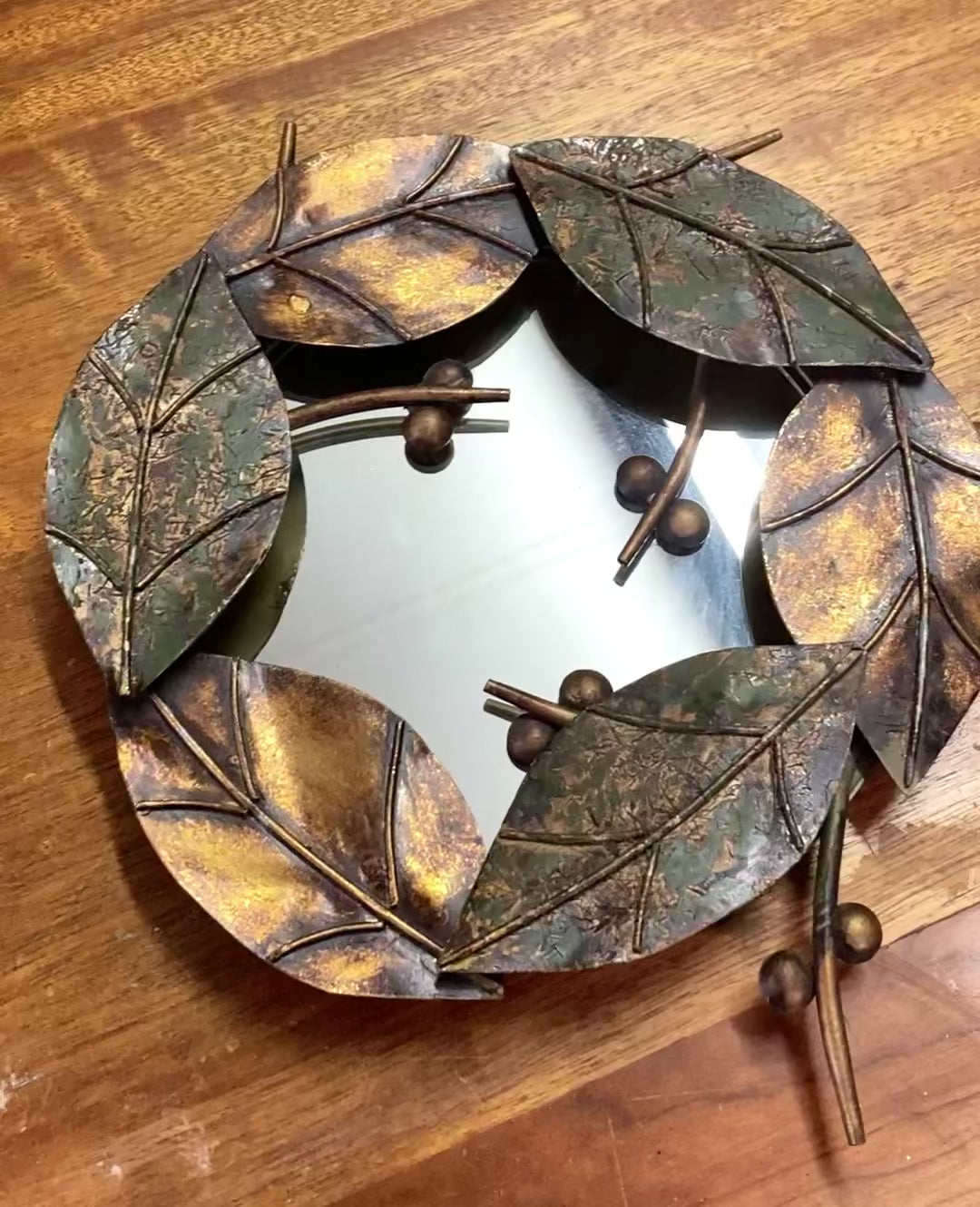 Vintage Round Glided Metal Leaf Framed Mirror