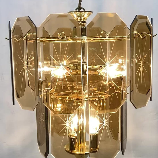 1970's Smoke Beveled Glass and Brass Chandelier