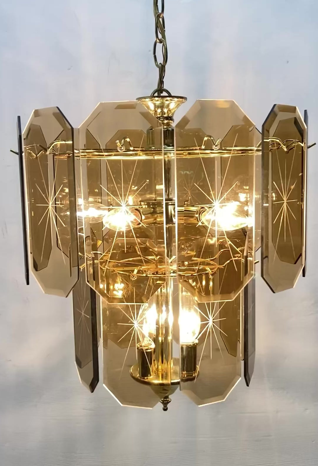 1970's Smoke Beveled Glass and Brass Chandelier