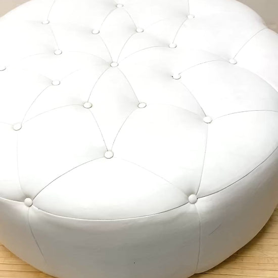 Contemporary Round Diamond Tufted White Leather Ottoman