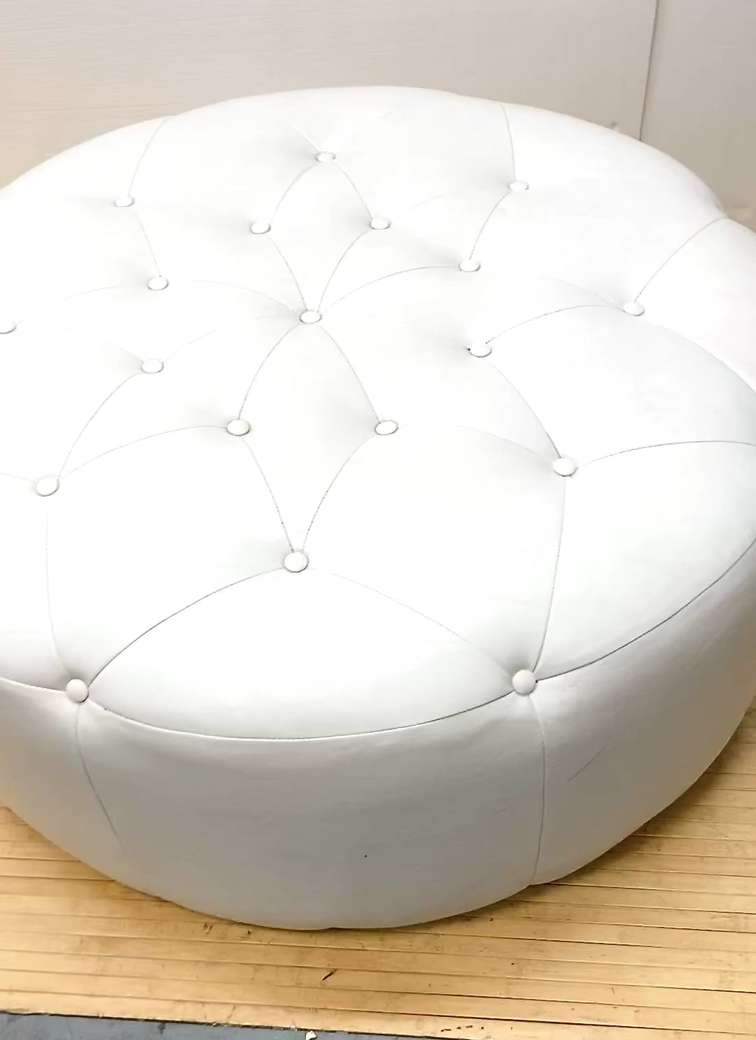 Contemporary Round Diamond Tufted White Leather Ottoman