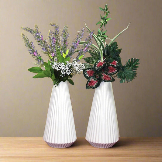 Tall White Ceramic Vases with ribbed sides
