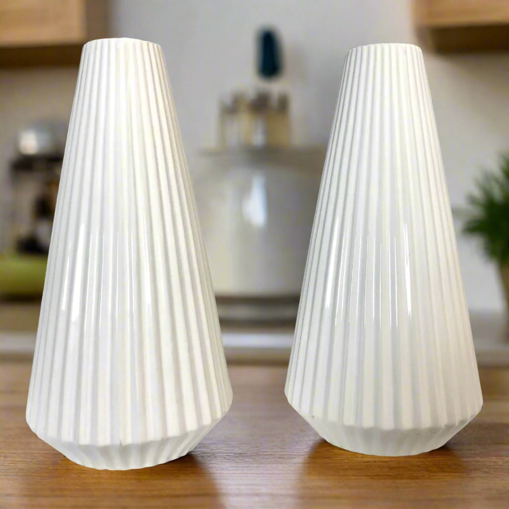 White Ceramic Ribbed Cone Vases