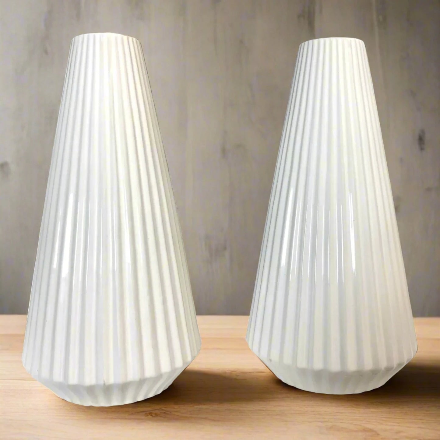 White Ceramic Ribbed Cone Vases