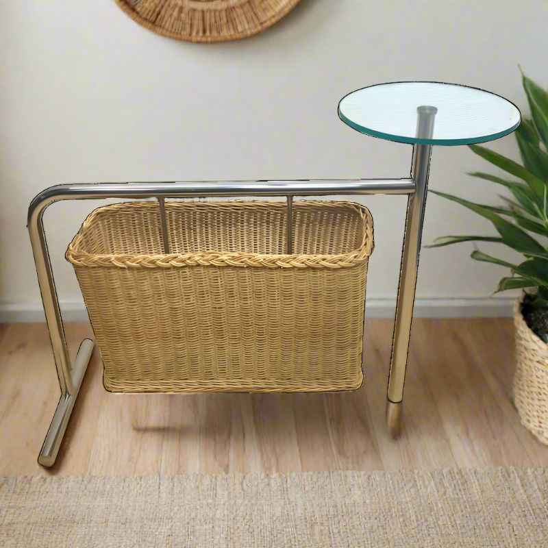 Chrome and wicker magazine rack with small glass table