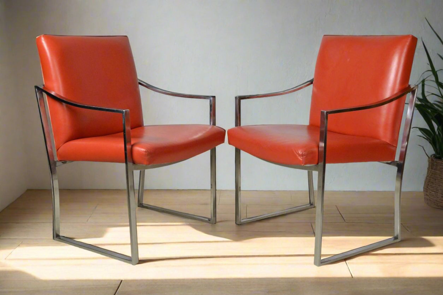 Red Chrome Armchairs Bert England | Pair